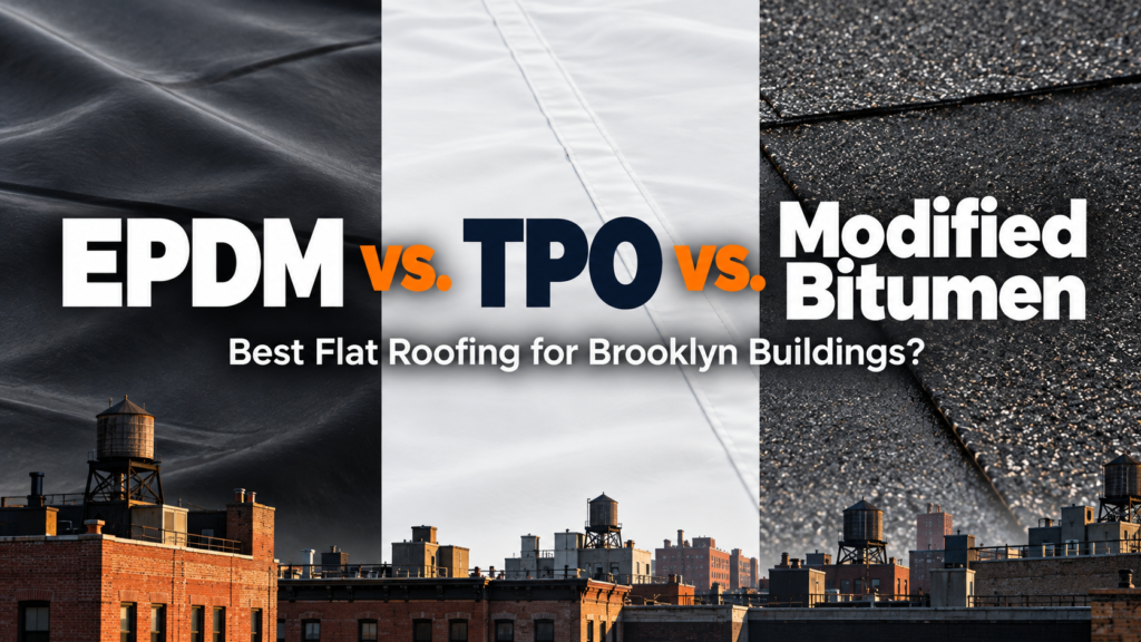 EPDM vs. TPO vs. modified bitumen flat roofing comparison banner for Brooklyn buildings”