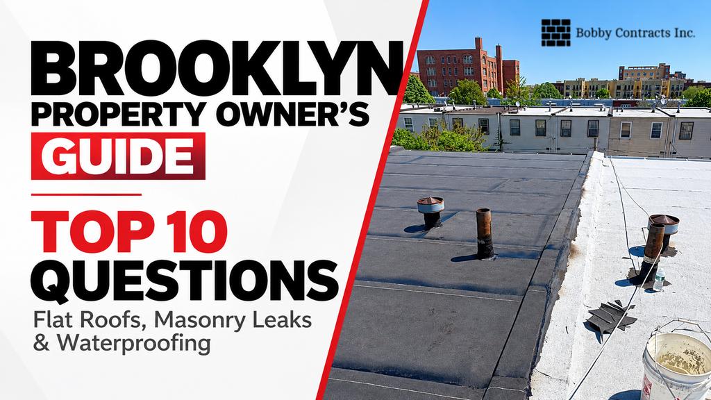 Historic Brooklyn brownstone facade and flat roof line undergoing exterior building maintenance by Bobby Contracts Inc.
